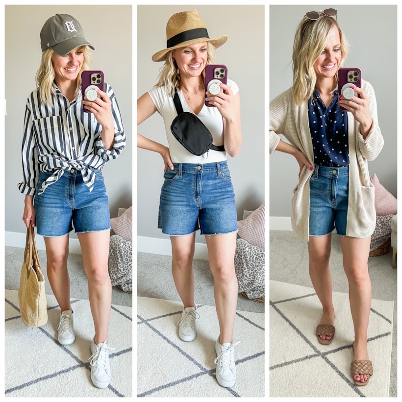 3 outfit ideas with denim shorts for summer- summer capsule wardrobe