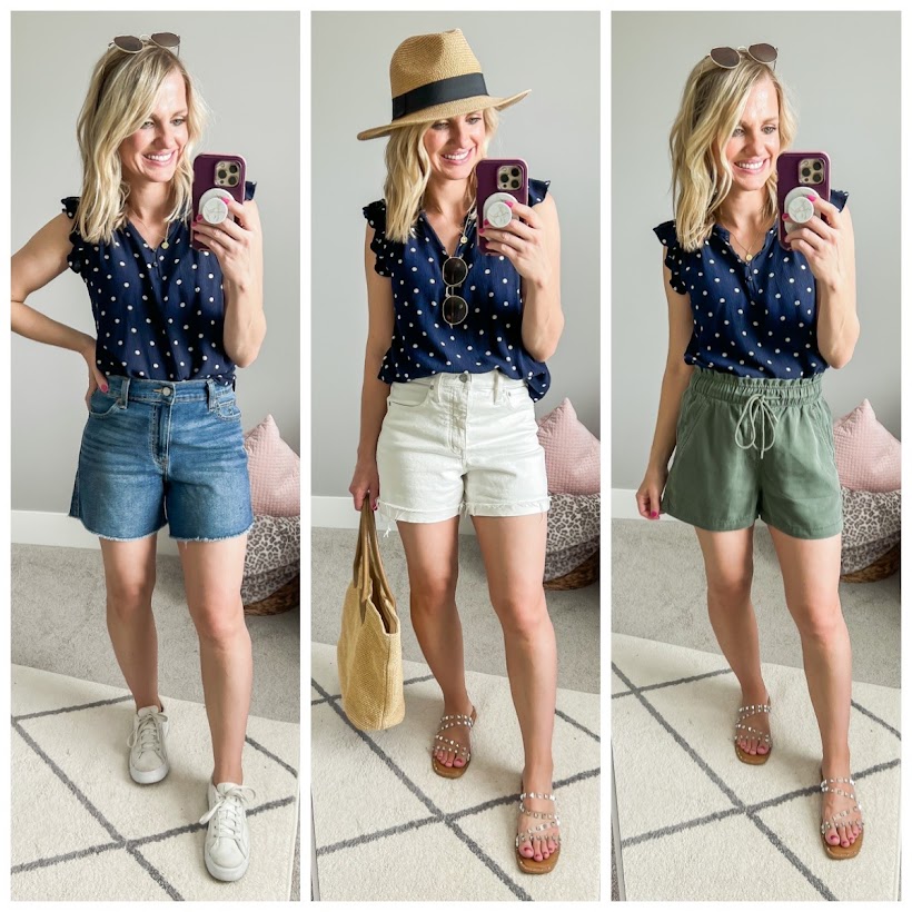 3 ways to wear a navy polka dot blouse for summer. Summer capsule wardrobe