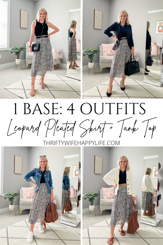 4 outfit ideas styling a leopard pleated skirt and black tank top.