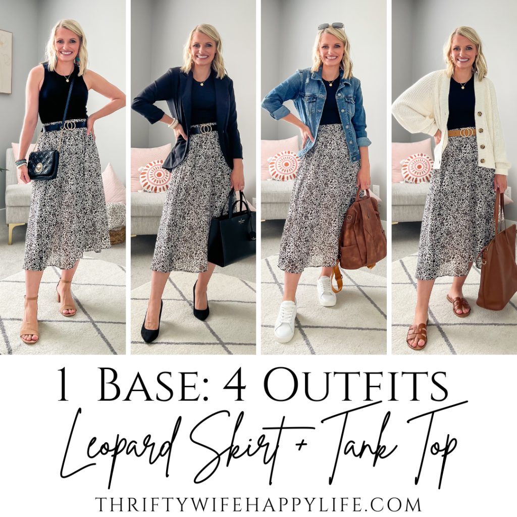 4 outfits with a leopard pleated skirt and black tank top