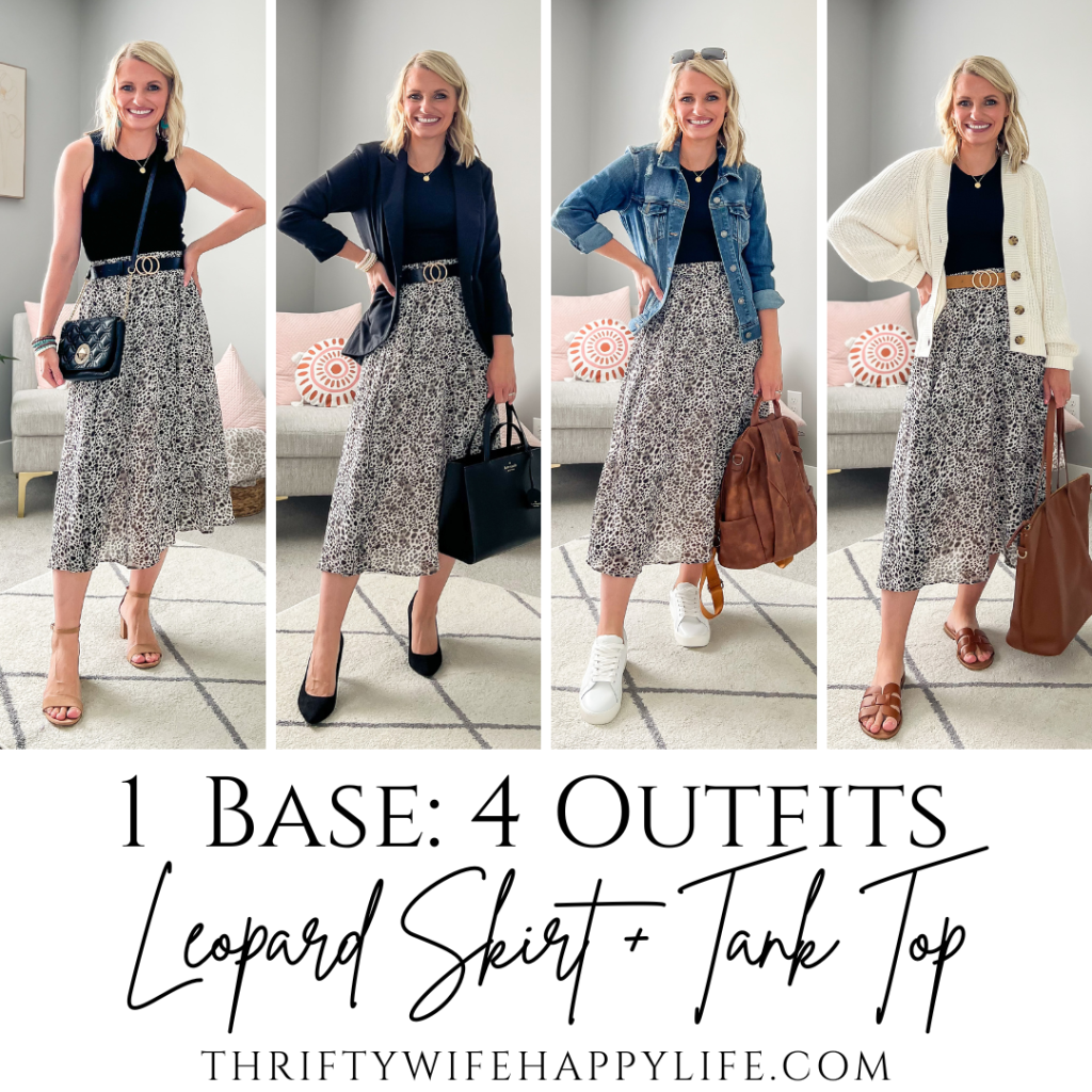 1 Base: 4 Outfits- How to Wear a Leopard Pleated Skirt and a Black Tank Top  - Thrifty Wife Happy Life