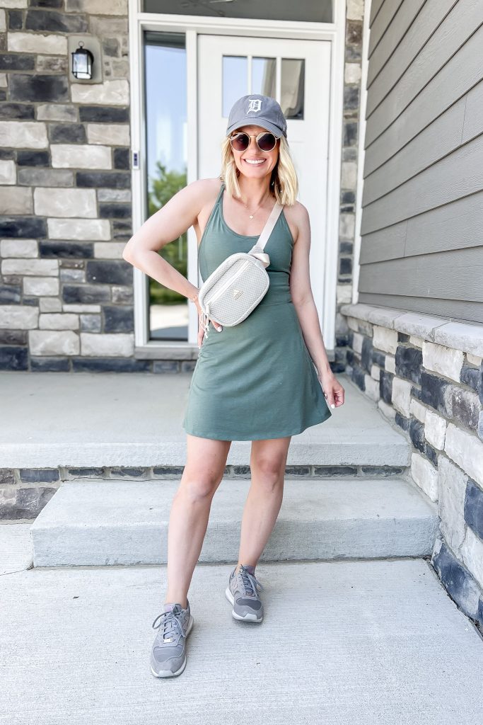 Cute mom outfit idea with a green athletic dress!