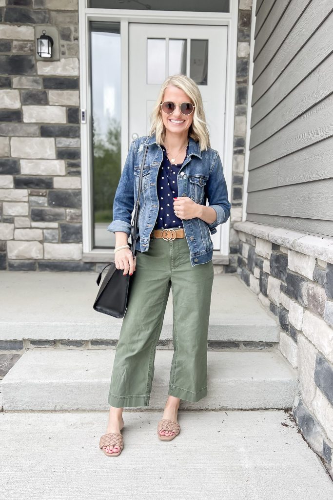 Green wide leg pants styled with a denim jacket. 
