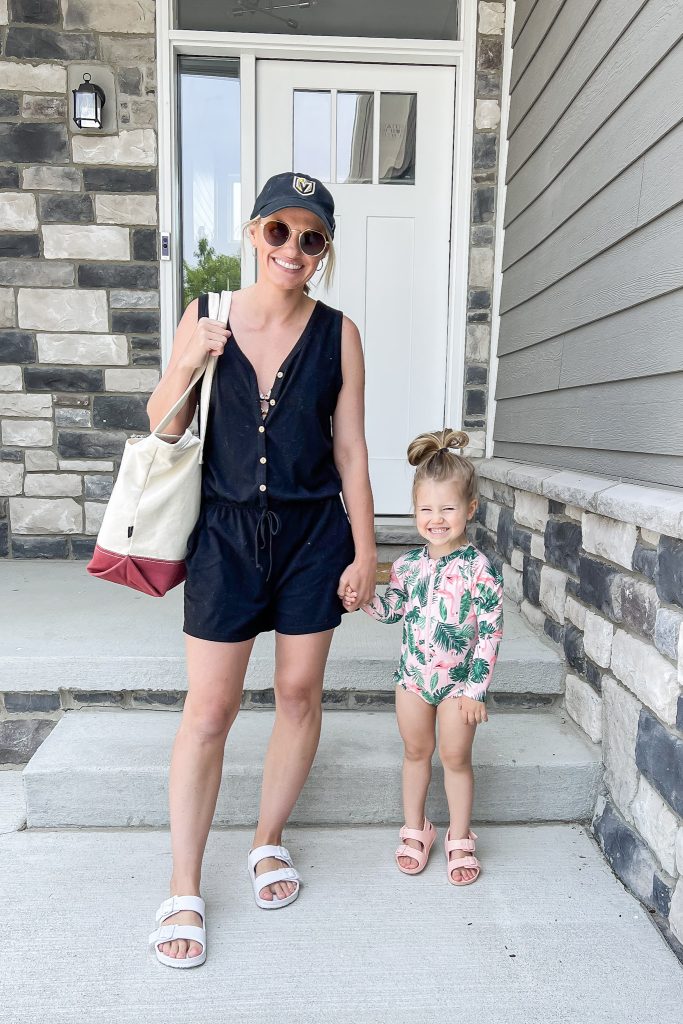 Cute mom outfit ideas. Pool outfit with a romper over a bathing suit.
