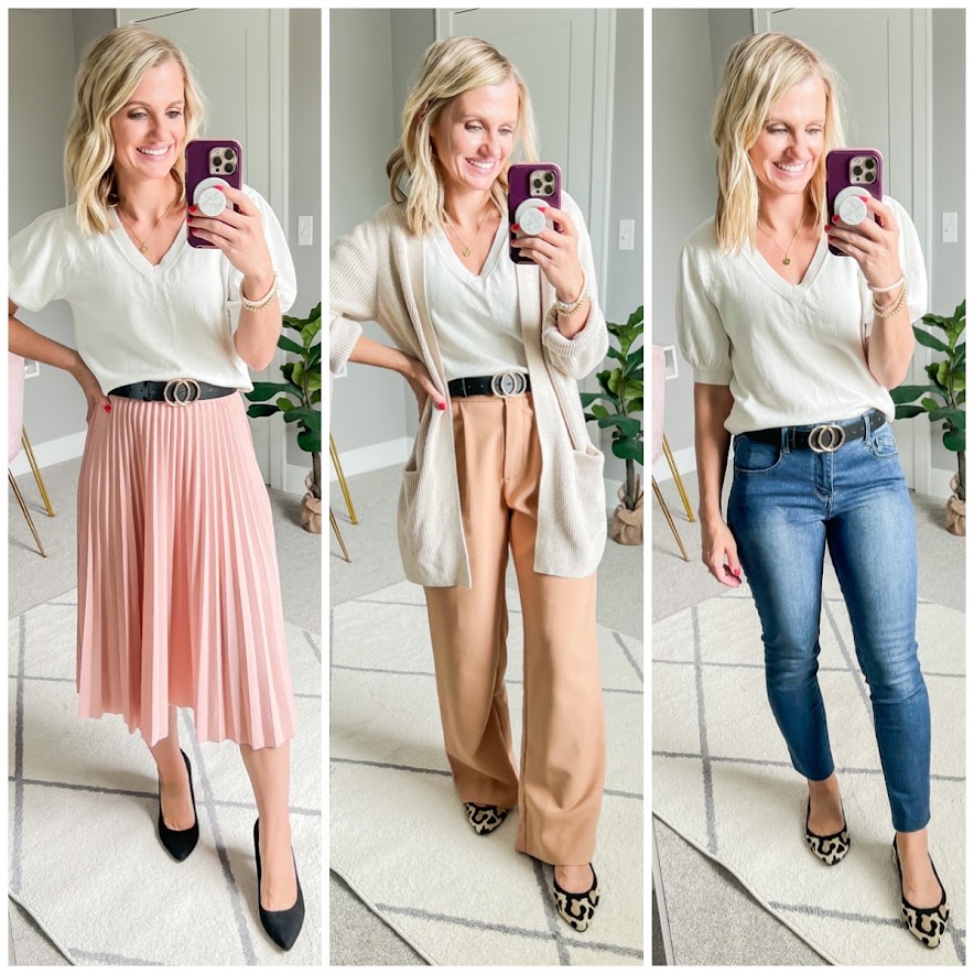 Fall Teacher Capsule Wardrobe- 3 ways to wear a white puff sleeve knit shirt.