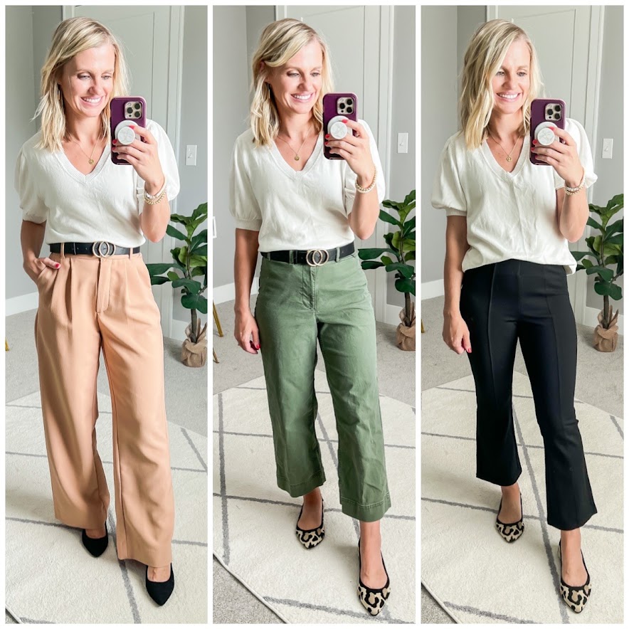 Fall Teacher Capsule Wardrobe- 3 ways to wear a white puff sleeve knit shirt