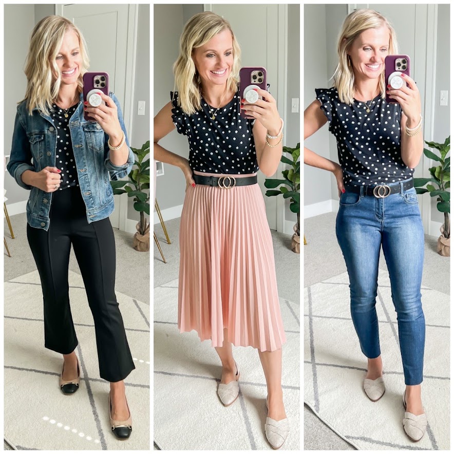 Fall teacher capsule wardrobe- 3 ways to wear a polka dot shirt