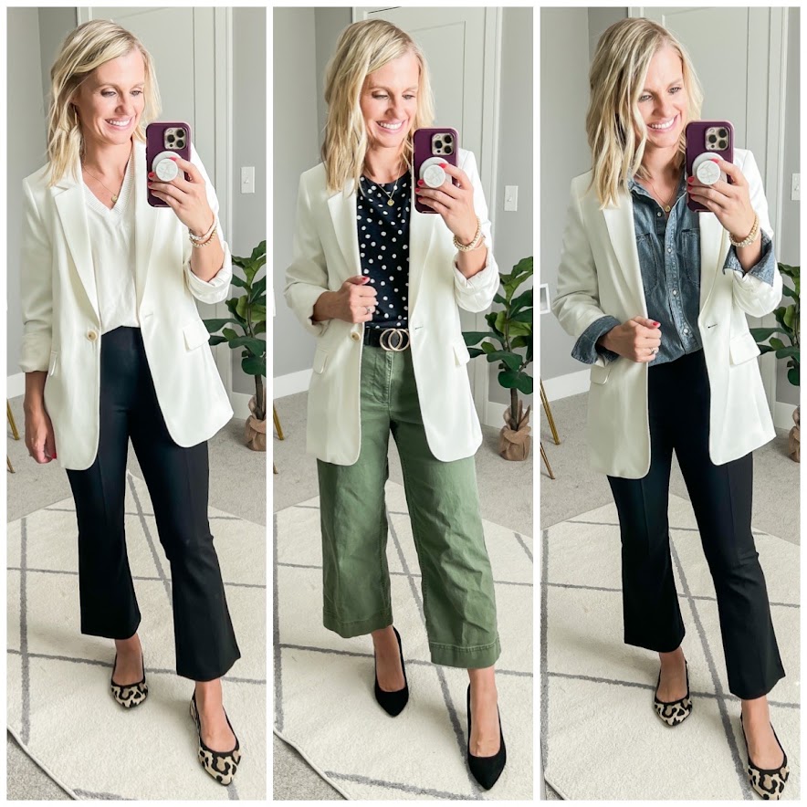 Fall teacher capsule wardrobe- 3 ways to wear a white blazer. 