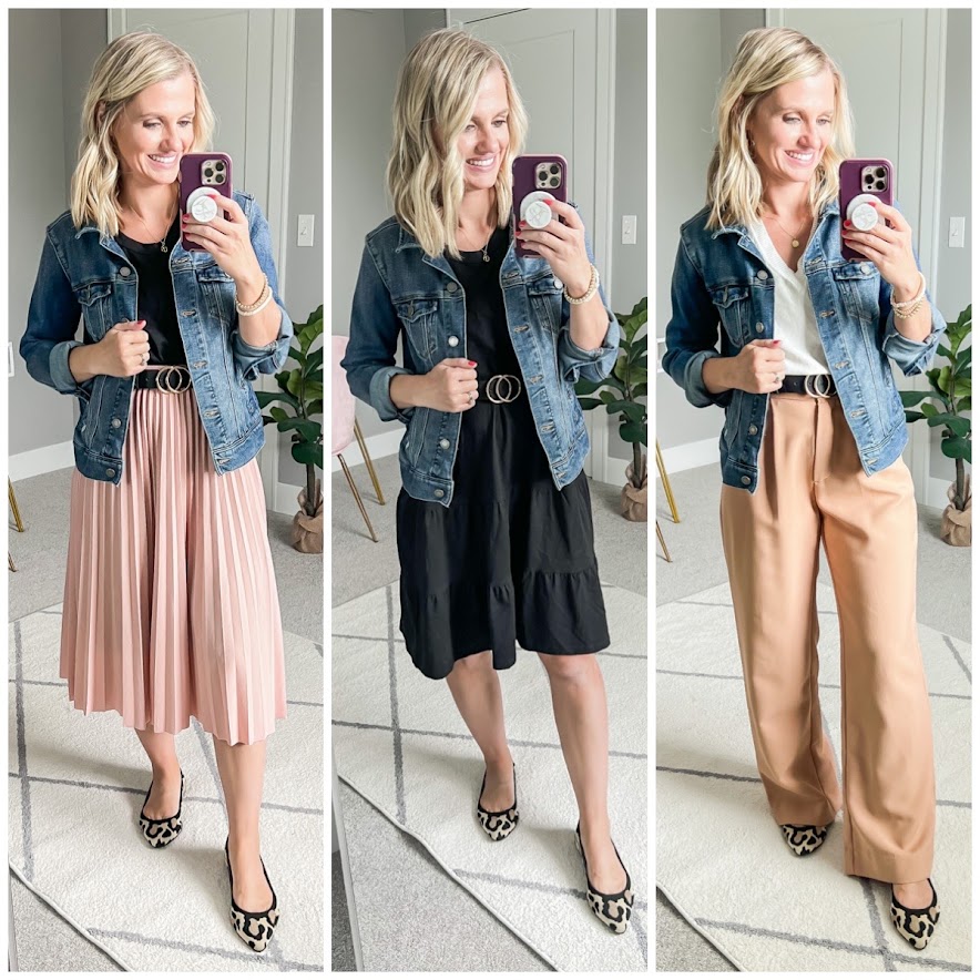 Fall teacher capsule wardrobe- 3 ways to wear a denim jacket as a teacher. 