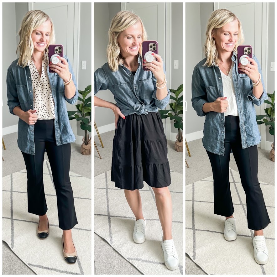 Fall teacher capsule wardrobe- 3 ways to wear a denim shirt in your classroom.