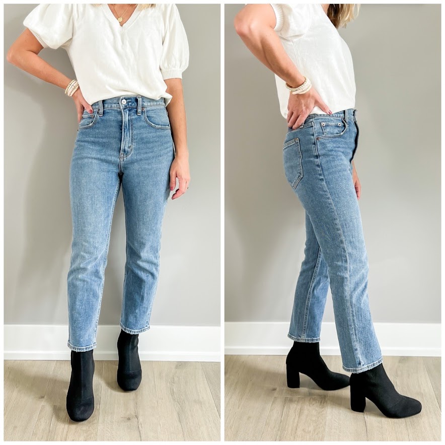 Black block heel slim booties styled with a straight-leg jean.