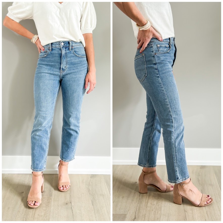Block heel sandals paired with straight-leg jeans.