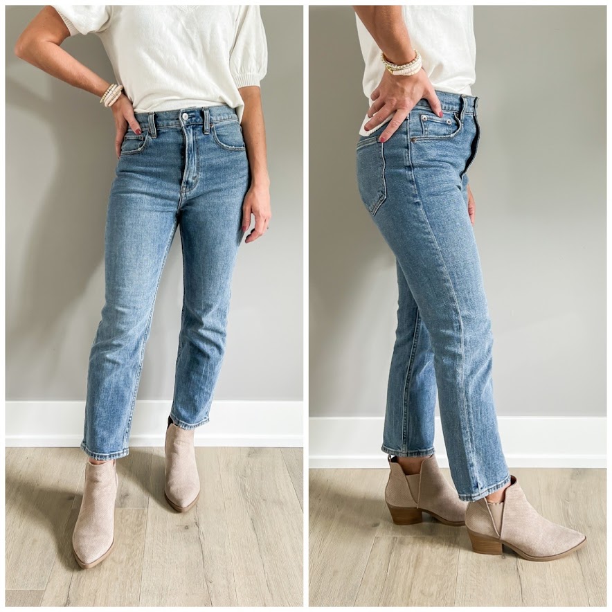 Pointed toe booties styled with a straight leg jean. 