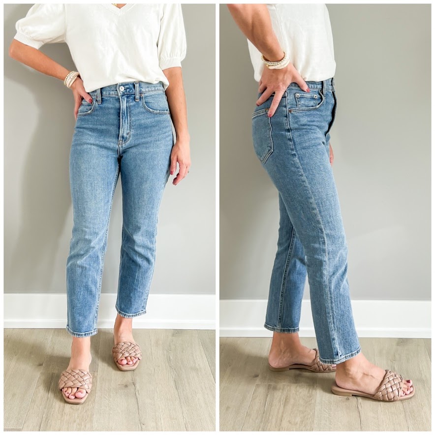 Braided slide sandals paired with straight-leg jeans