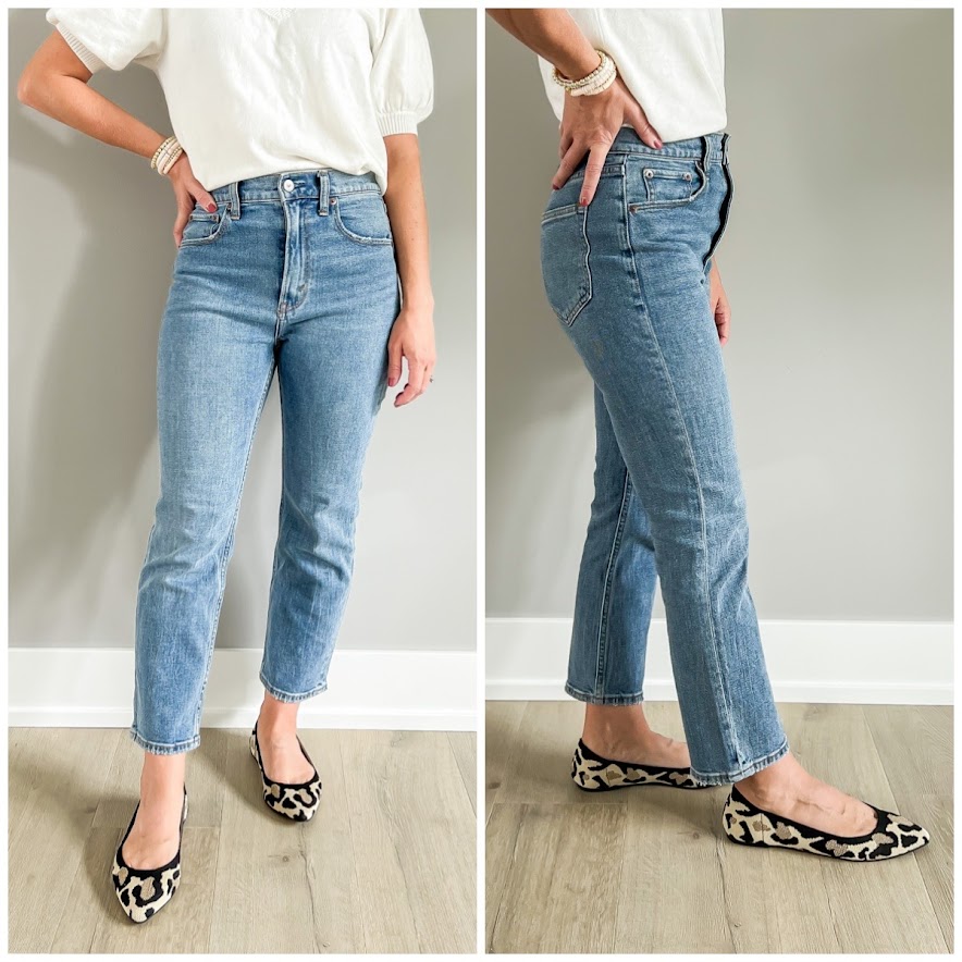 Leopard flats paired with straight-leg jeans.