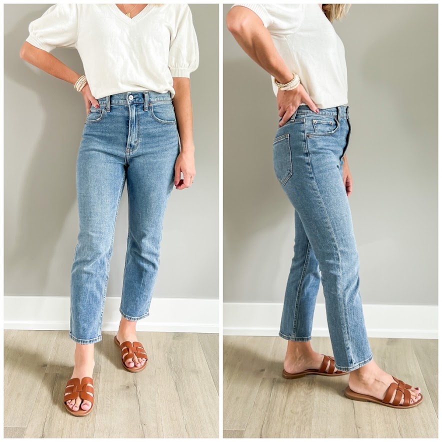 Slide sandals paired with straight-leg jeans