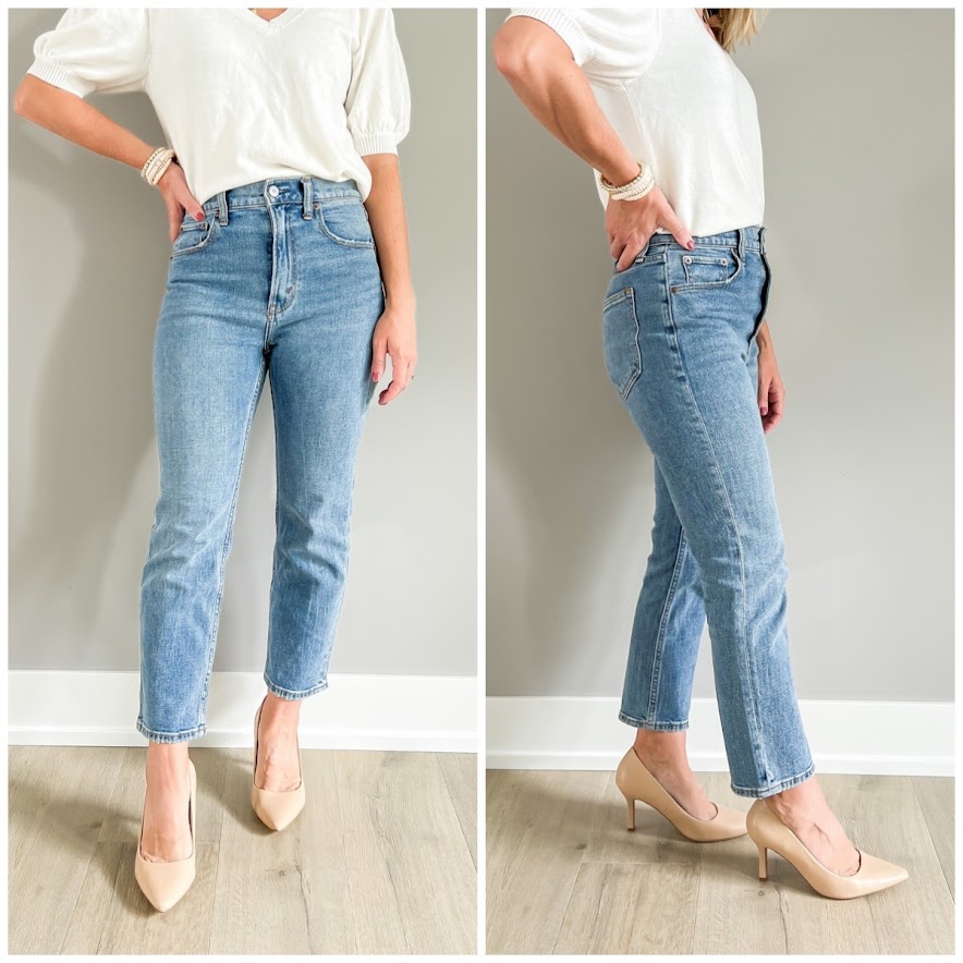 Nude pumps styled with straight leg jeans. 
