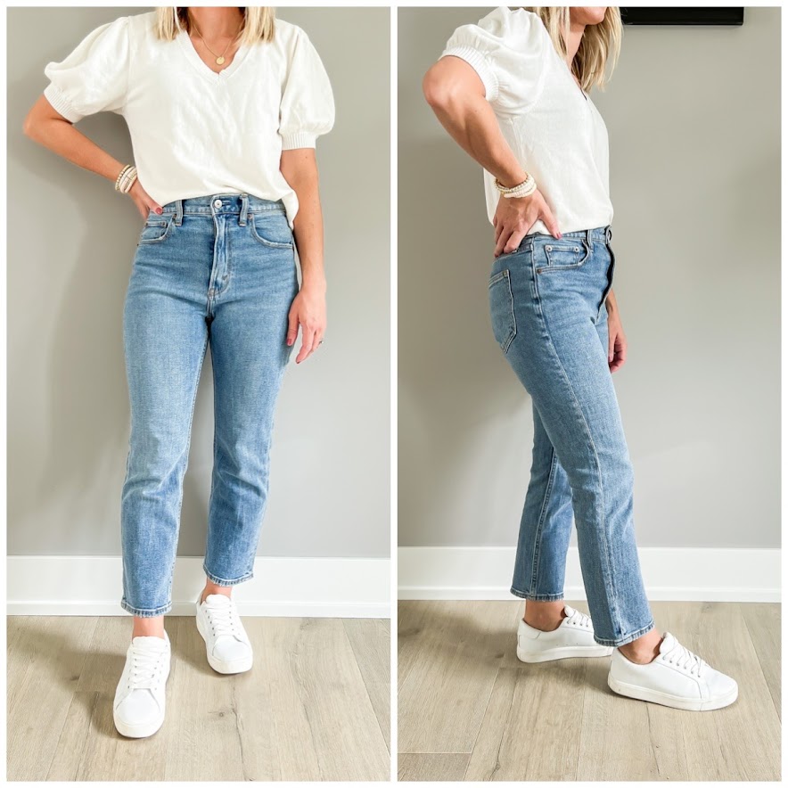 White sneakers paired with straight-leg jeans
