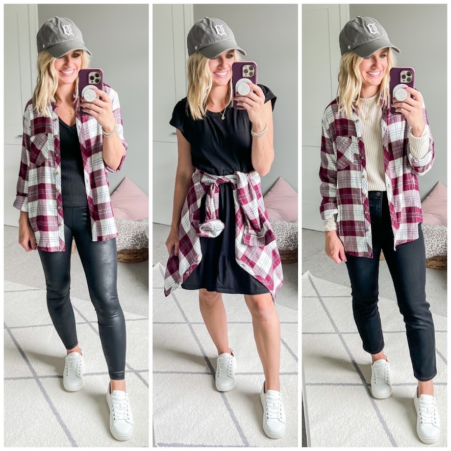 Fall mom capsule wardrobe with a flannel shirt. 