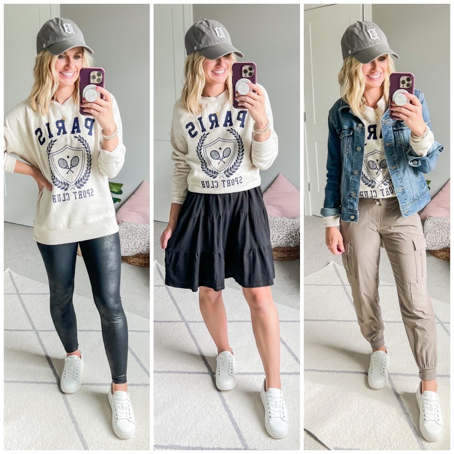 Mom capsule wardrobe for fall with a graphic sweat shirt.