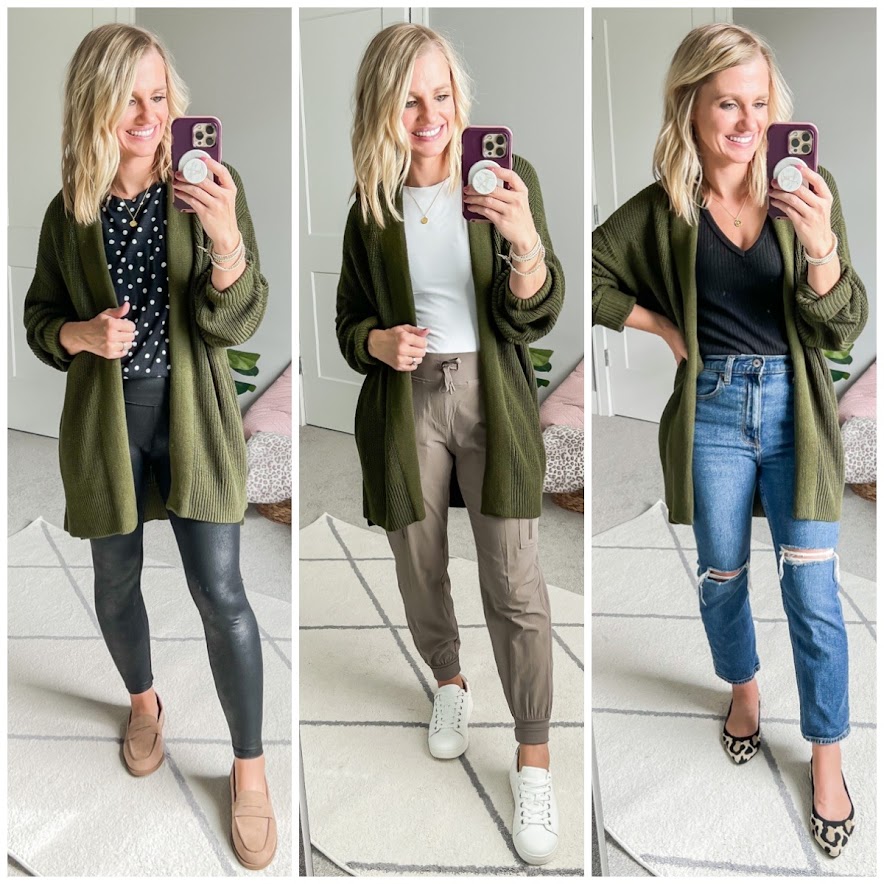 Mom capsule wardrobe for fall with an olive green cardigan.
