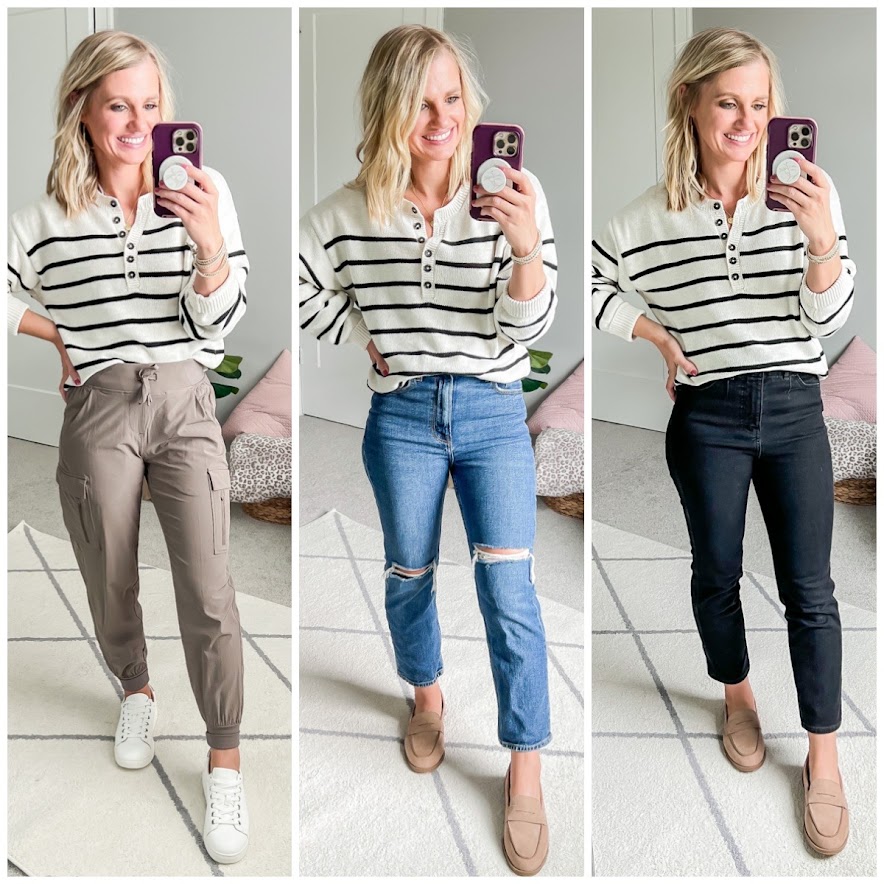 Mom capsule wardrobe for fall with a striped sweater.