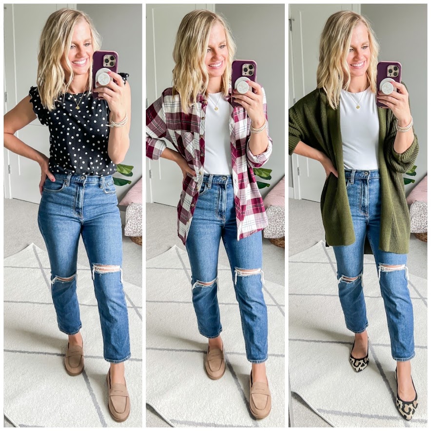 Mom capsule wardrobe for fall with distressed jeans.