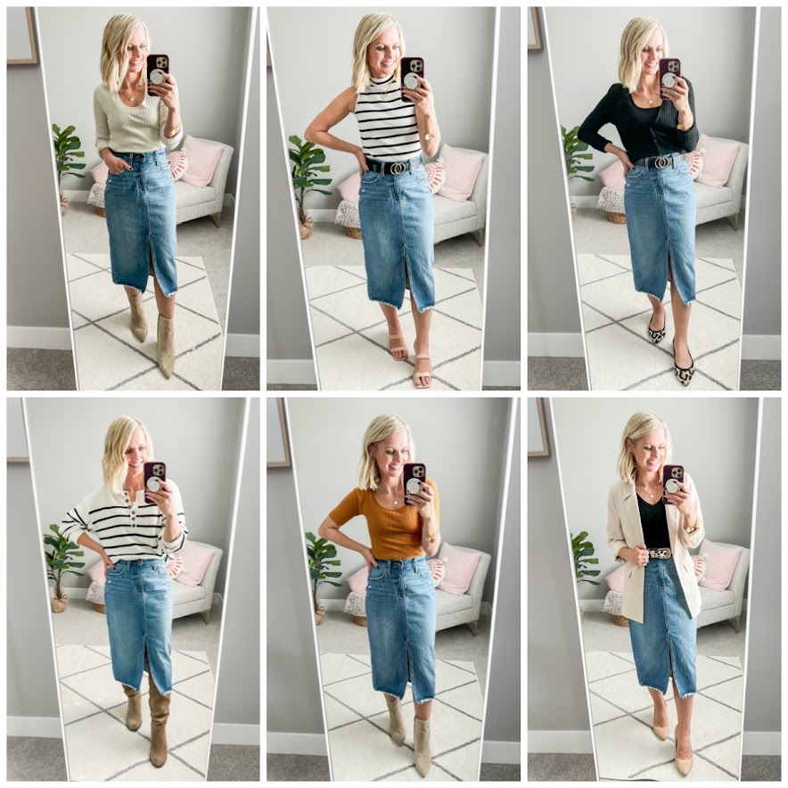 Trends to Try- 6 Denim Midi Skirt Outfits for Fall - Thrifty Wife Happy Life