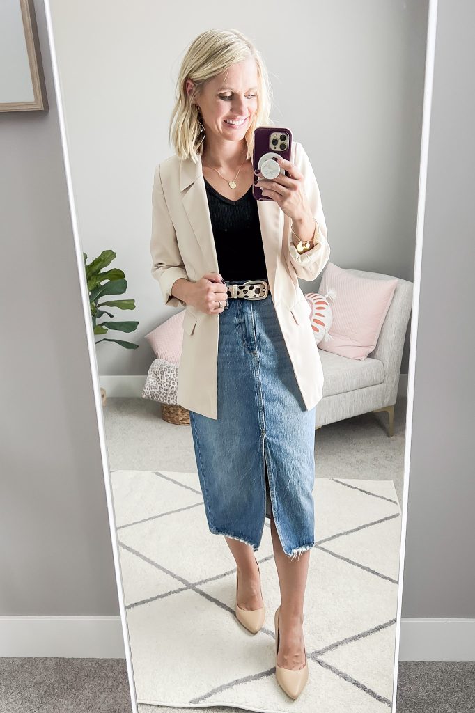 Trends to Try- 6 Denim Midi Skirt Outfits for Fall - Thrifty Wife