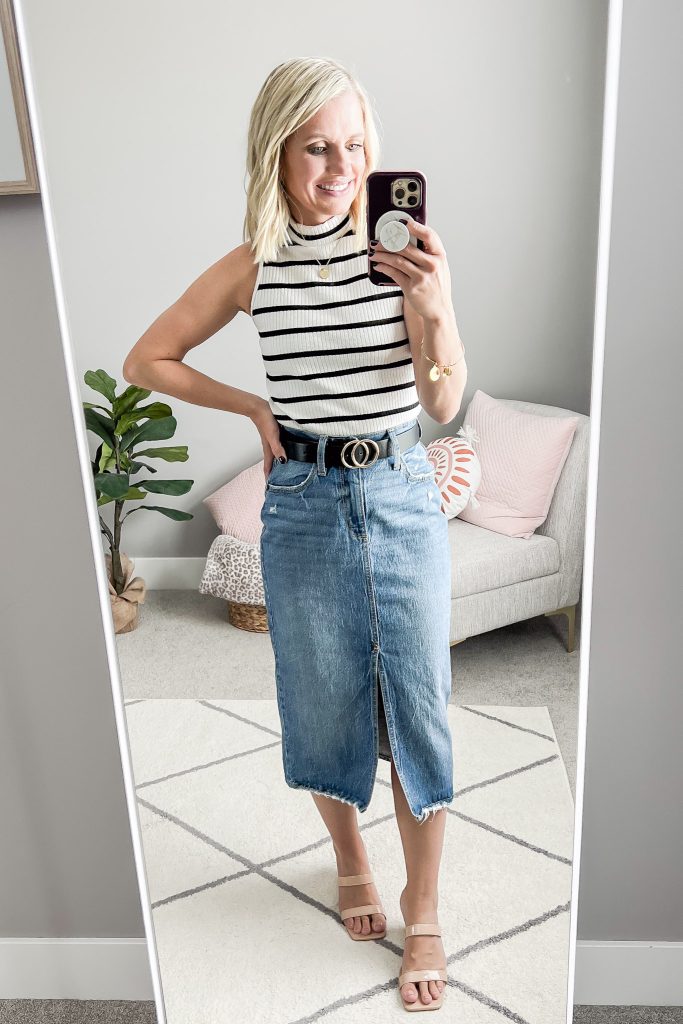 Striped mock neck tank top with denim midi skirt 