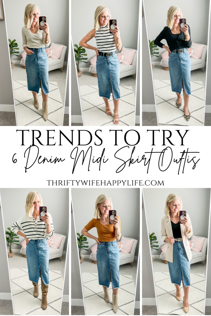 6 denim midi skirt outfit ideas for fall