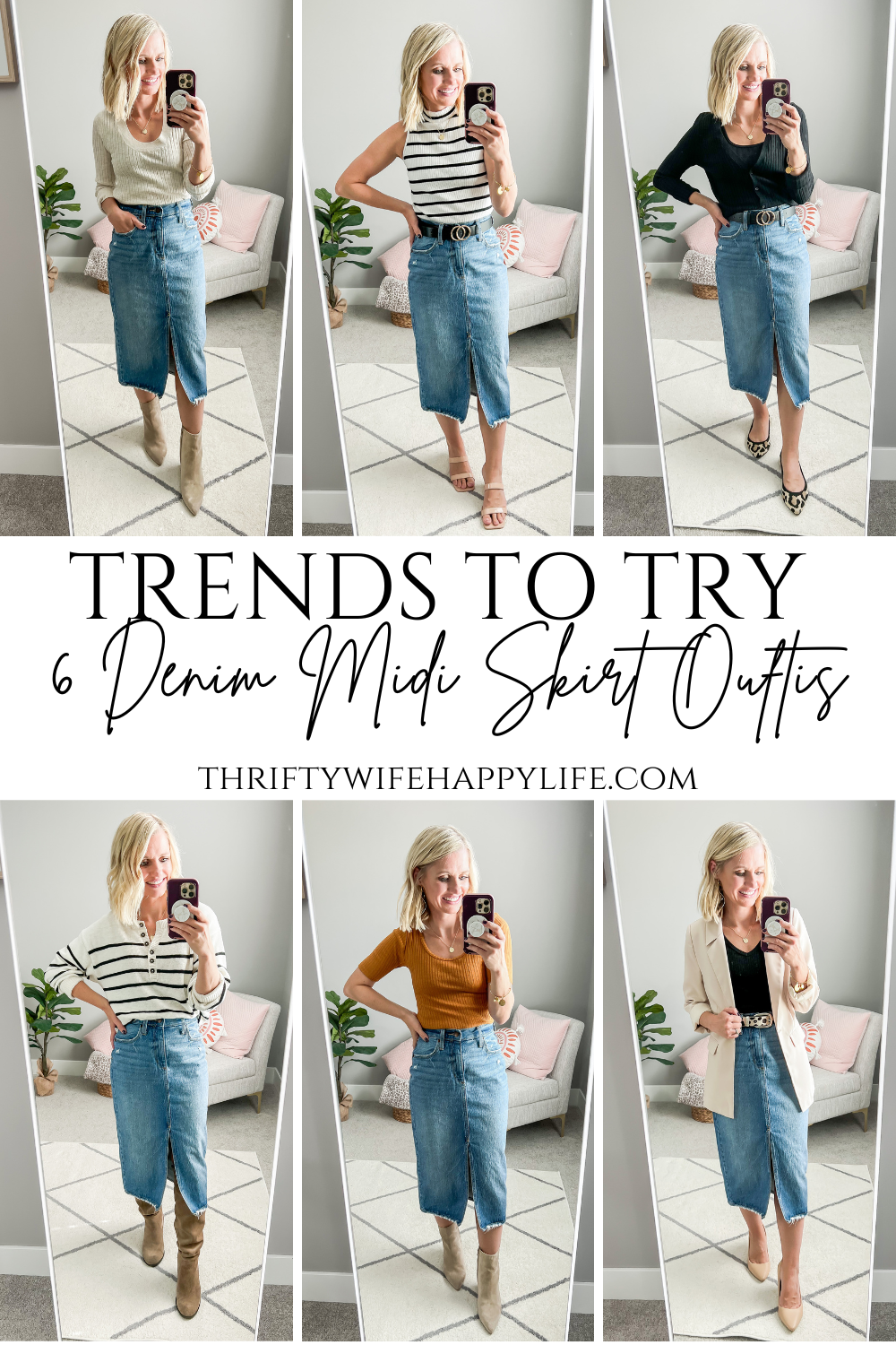 Trends to Try- 6 Denim Midi Skirt Outfits for Fall - Thrifty Wife Happy ...