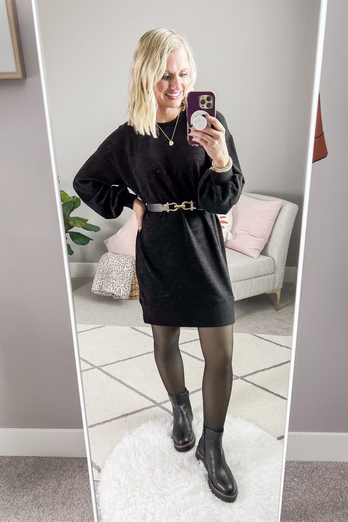 Sheer fleece lined tights with a Chelsea boots and a black sweater dress. 