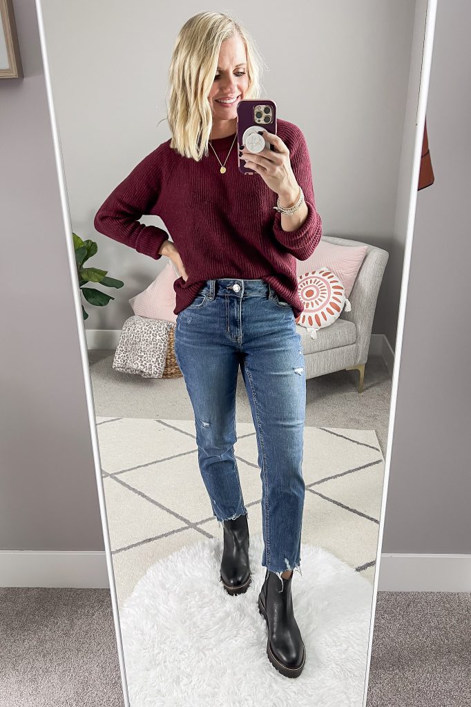 Slim straight-leg jeans styled with Chelsea boots.