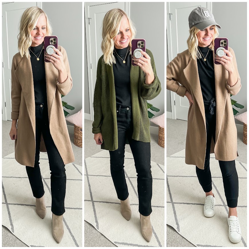 Winter capsule wardrobe outfits with an all black base. 