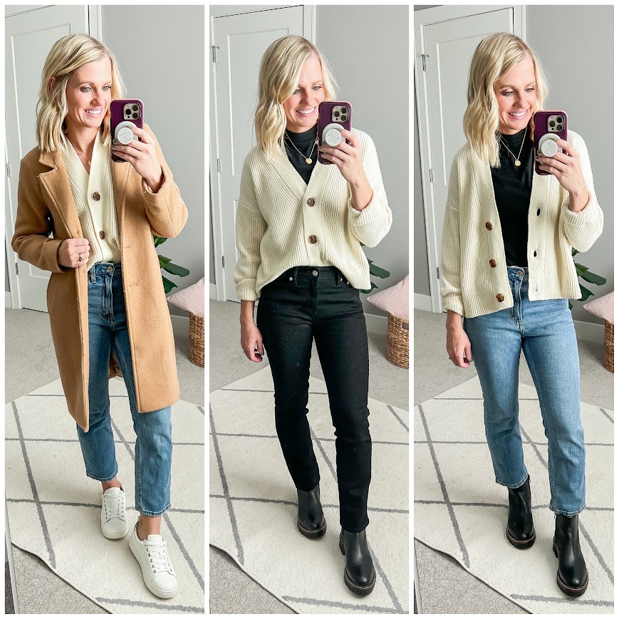 Winter capsule wardrobe with a cropped cardigan styled 3 ways. 