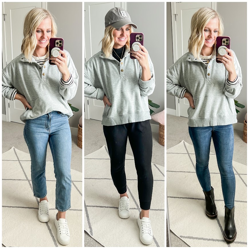Grey sweatshirt styled 3 ways