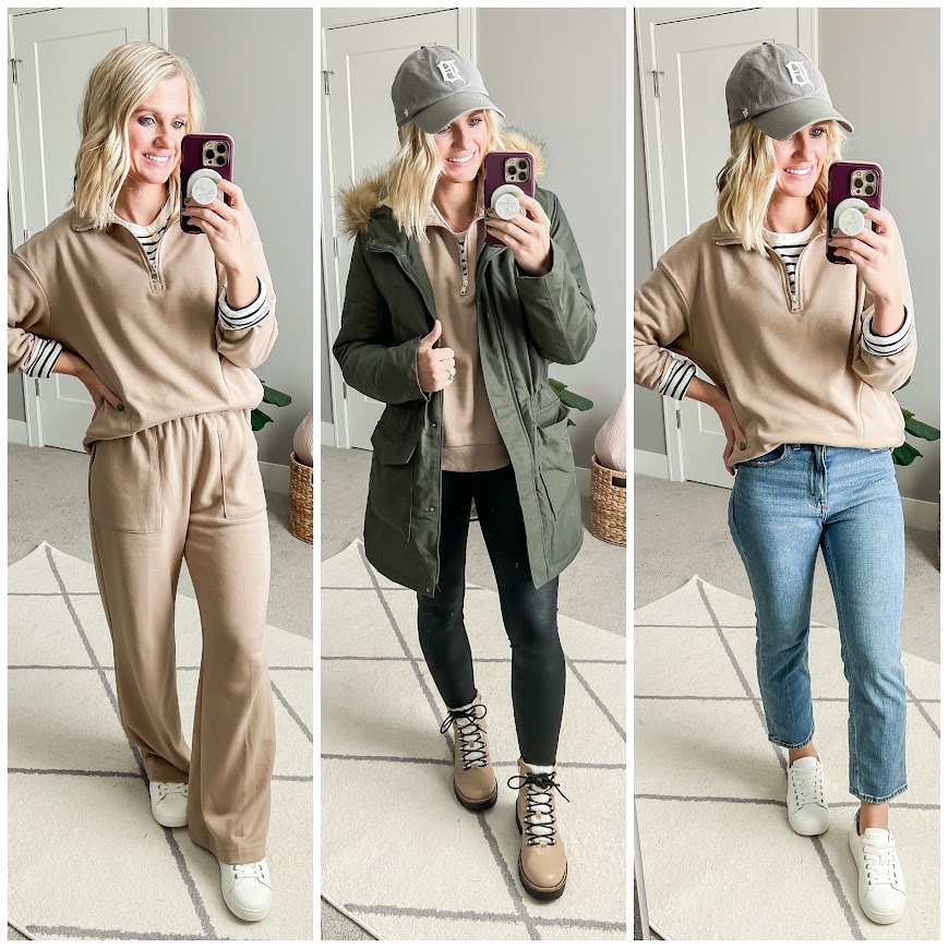 Winter capsule wardrobe with a lounge set styled 3 ways. 