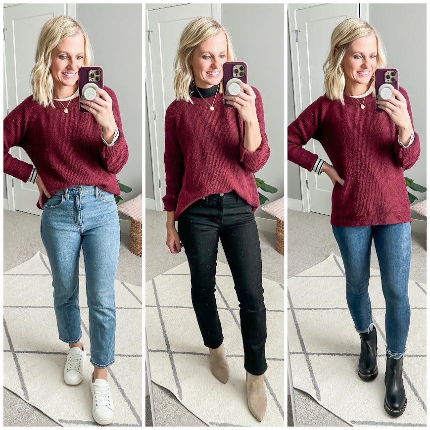 Winter capsule wardrobe. 3 ways to style a maroon sweater