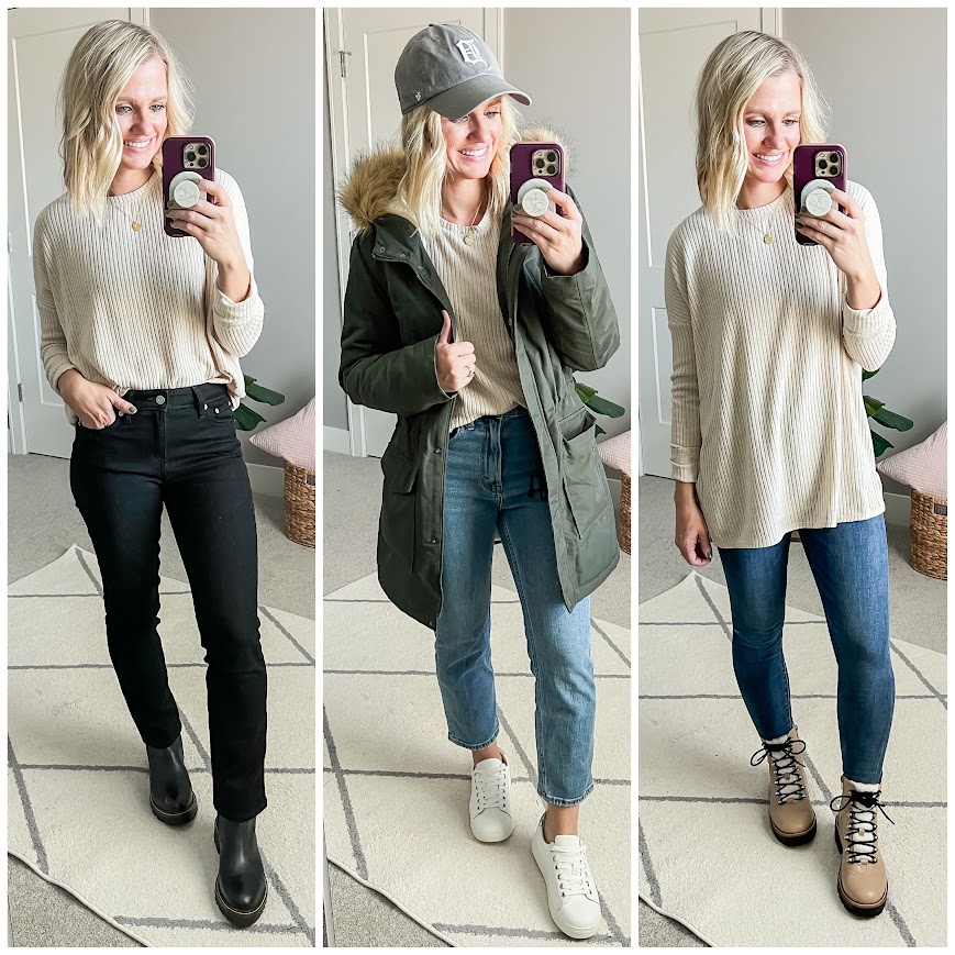 Winter capsule wardrobe with 3 outfit ideas with a tunic. 