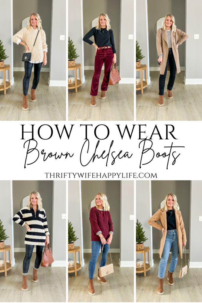 6 outfit ideas styling brown Chelsea boots for winter. 