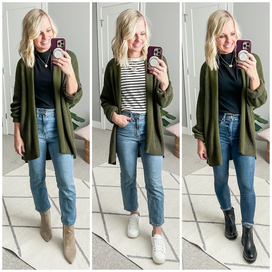 Mom-friendly outfit ideas with a green cardigan. 