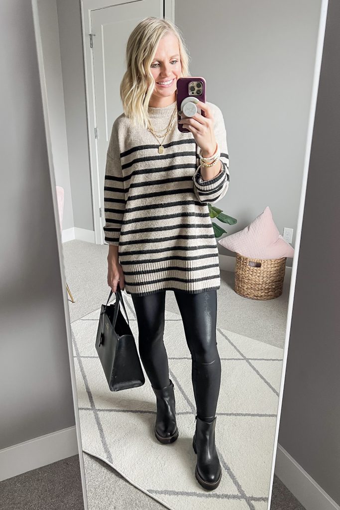 Striped tunic sweater and leggings with Chelsea boots.