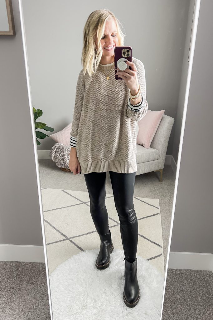 Tan sweater with leggings and Chelsea boots