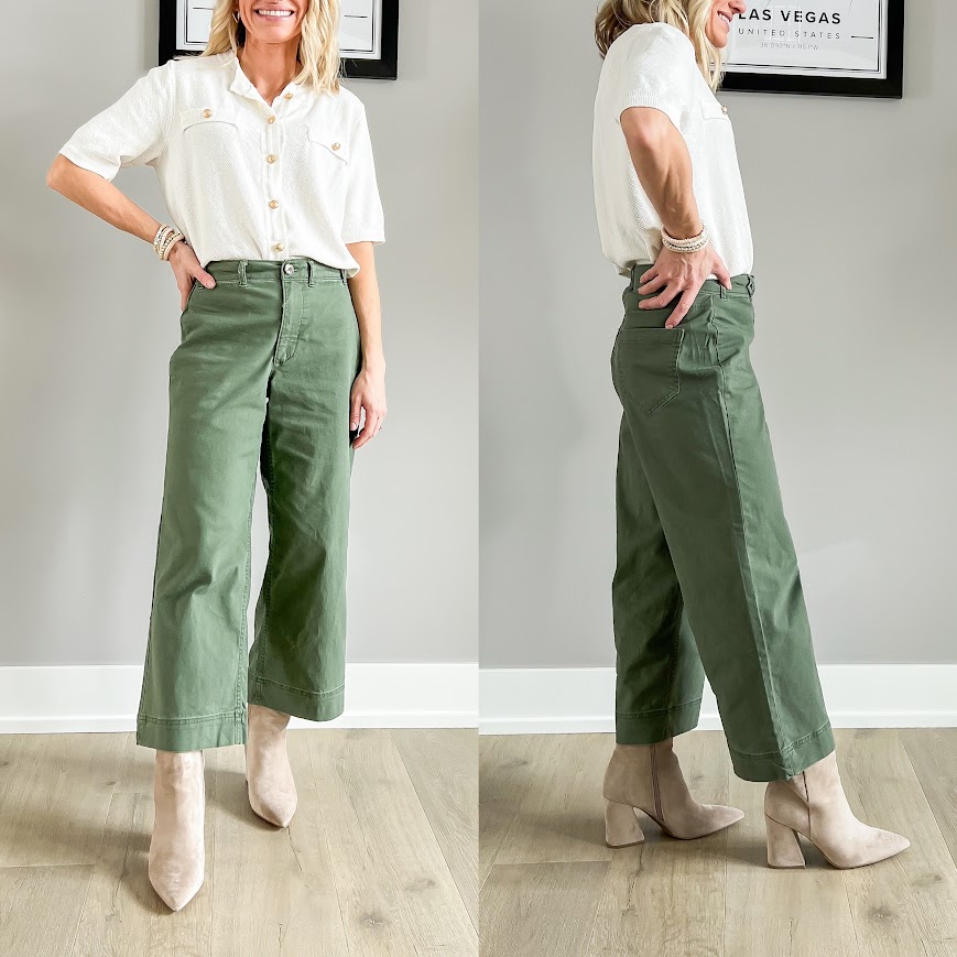 Booties paired with cropped wide-leg pants. 