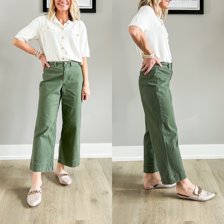 Mules paired with wide-leg cropped pants. 