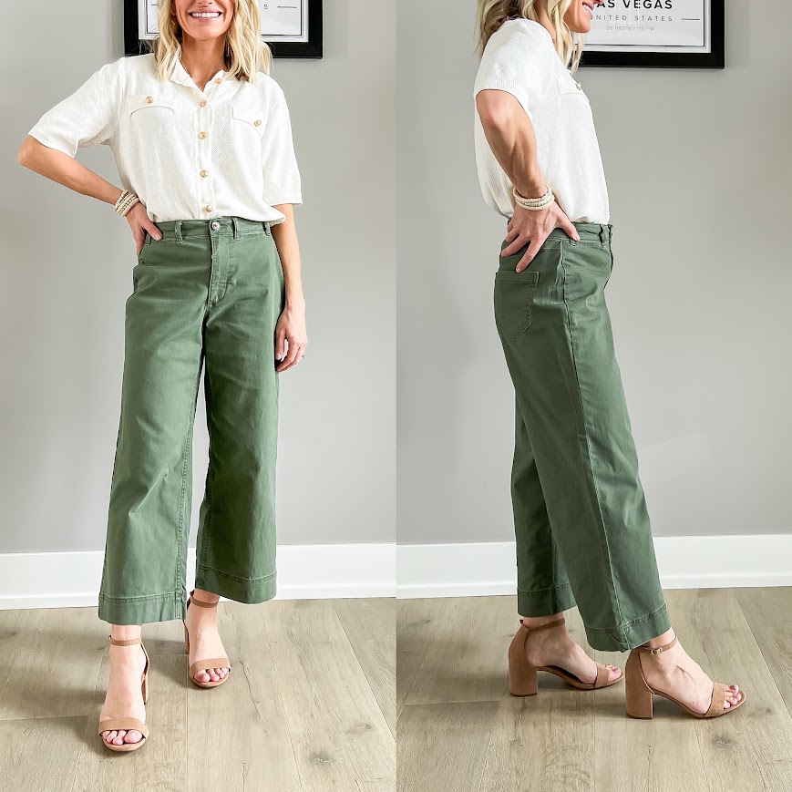 Block heel sandals paired with cropped wide-leg pants.