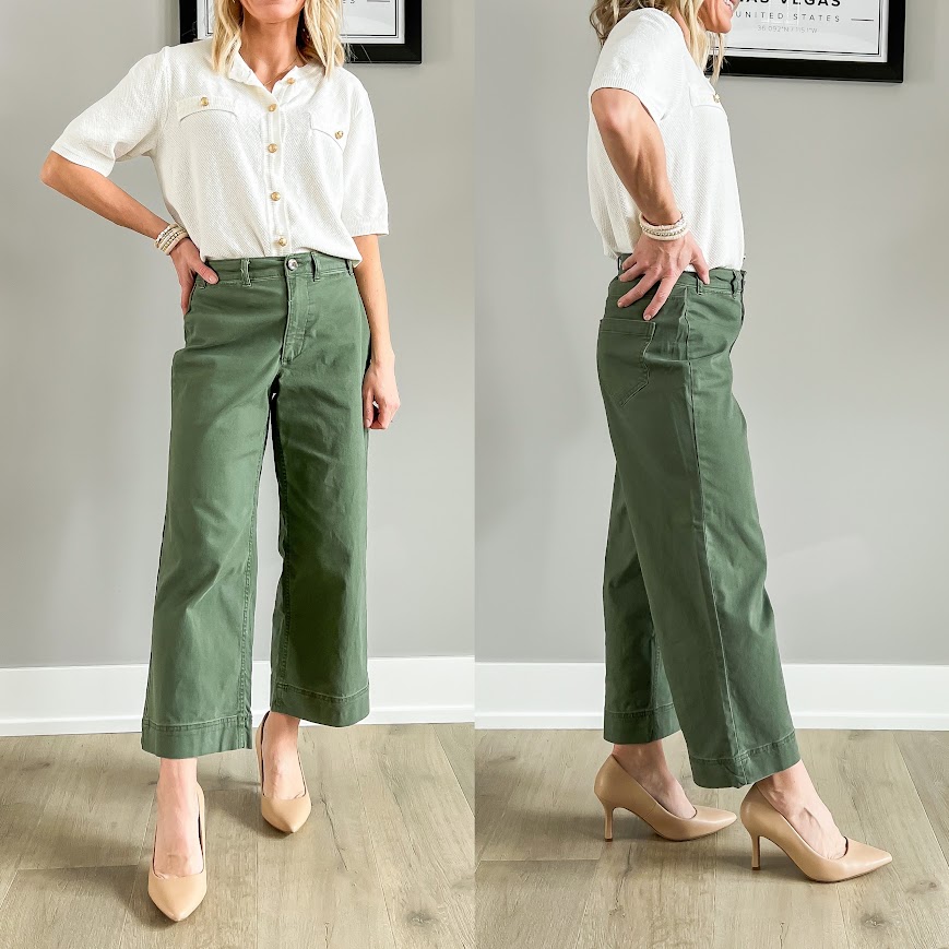 Heels paired with cropped wide-leg pants. 
