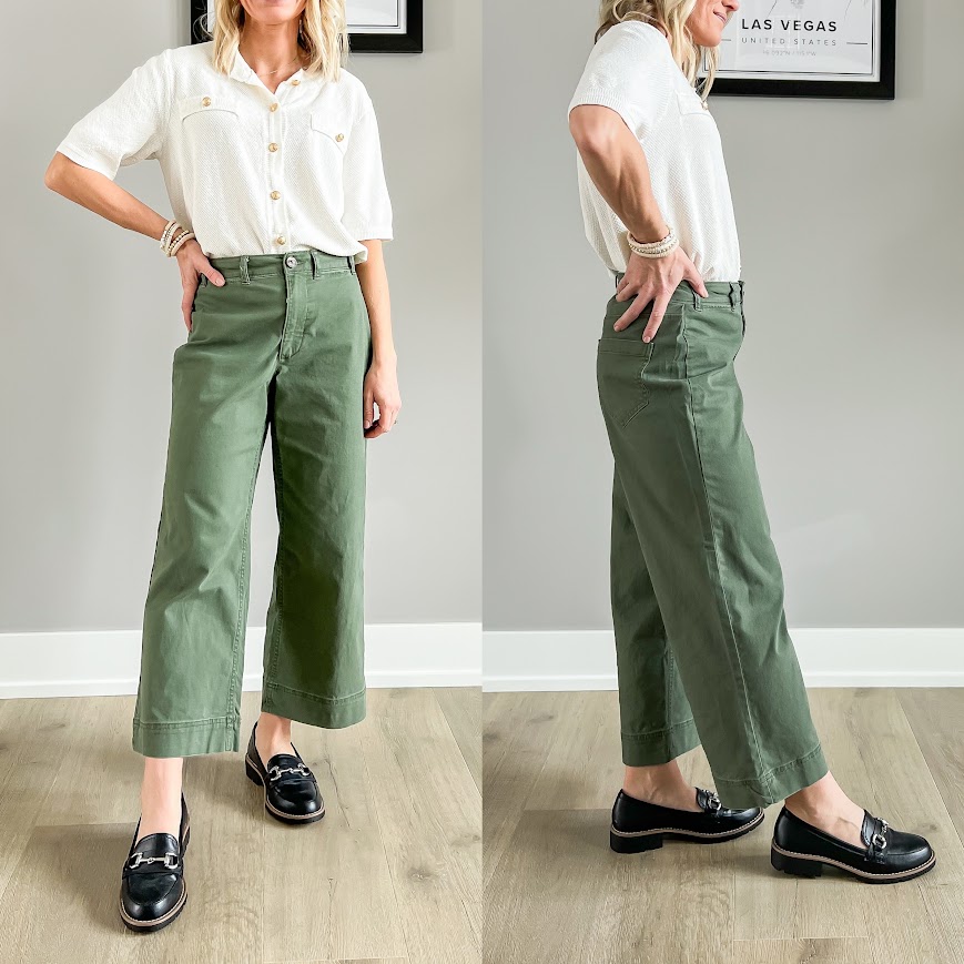 Loafers paired with cropped wide-leg pants.
