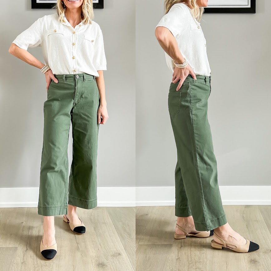 Sling back flats paired with cropped-wide leg pants.